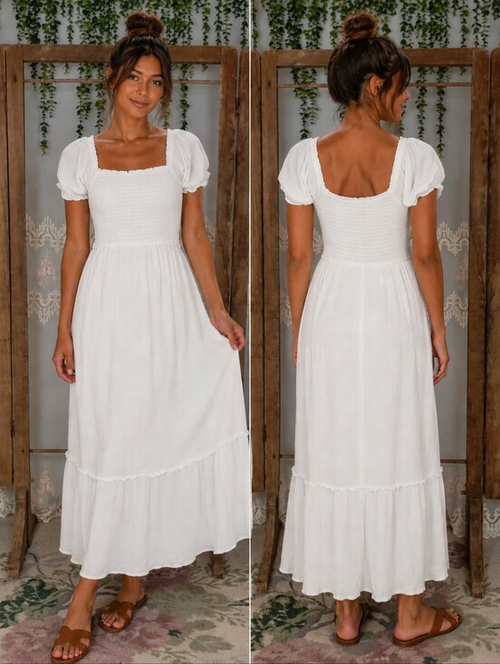 Aeropostale Dresses & Skirts - White Smocked Midi Dress with Puff Sleeves | Cottagecore Boho Indie Festival